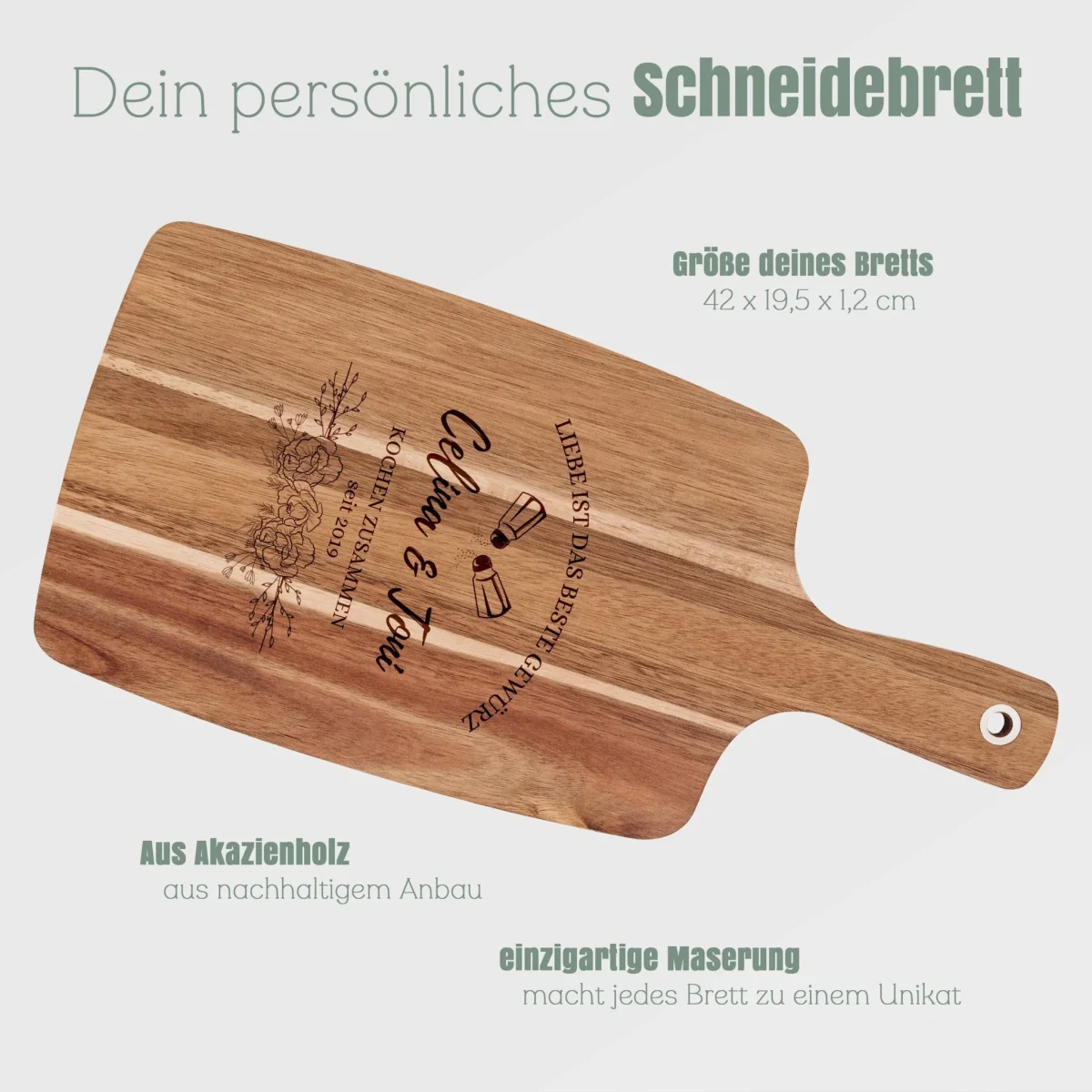 Akazienbrett mit Griff - Liebe ist das beste Gewürz – Bild 4