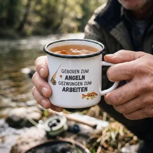 Emaille Tasse - Geboren zum Angeln